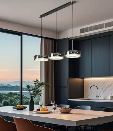Bellastein Moderne LED Pendelleuchte Kristall Glas Hängelampe Esstischlampe, Led Hängeleuchte Dimmbar Mit Fernbedienung, Höhenverstellbar für Kücheninsel Büro Esszimmer Küche Deckenlampe (A3Lichter)