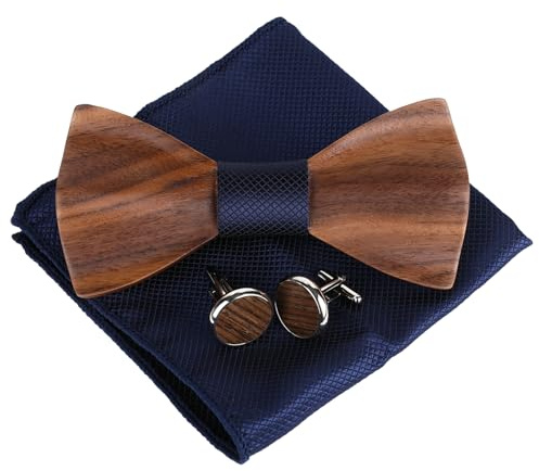 Jeqqinuz Holzfliege Herren, Fliege Herren Holzfliege Anzug und Einstecktuch, Holzmanschettenknöpfe, Herren Holzfliege Braun, Geeignet für Hochzeit, Business, Dinnerparty