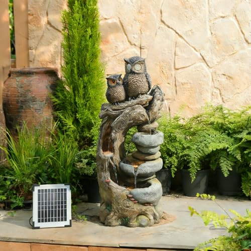 Bumilgar 87 CM Solar Outdoor Garden Water features, 3 Tier Cascading Wood Owls Waterfall Fountain with Lights for Garden, Patio, Backyard, Deck, Porch and Home Art Decor