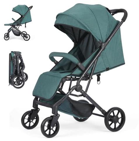 Convenience Baby Stroller – Lightweight & Compact Travel Umbrella Stroller, Quick One-Hand Fold, Lockable Rear Wheels, Adjustable Canopy, 5-Point Safety Harness & Shopping Basket (Dark Green)