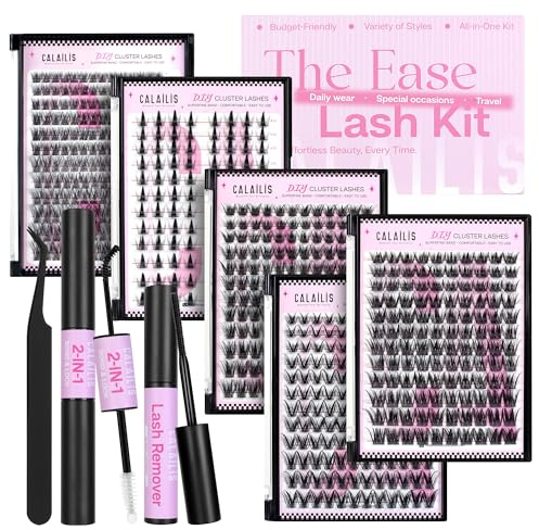 CALAILIS Wimpern Extensions Set, 5 Stile 672 Stück Lash Extension Set D Curl NatüRliche DIY Wimpern Extensions mit Wimpernkleber und Sealer Lash Remover und Applikator