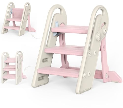 Onasti Marche Pied Enfant, Tabouret 3 Marches pour Bébé, Marche Pied à Hauteur réglable, Pliable, Multifonction et Antidérapant Parfait, pour Cusine, Salle de Bain,Chambre à Coucher (Rose)