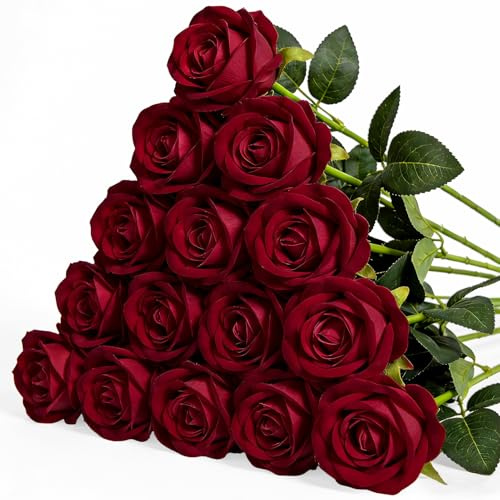 Riqiaqia 15 Roses Artificielles de Couleur Rouge Vin, Fleurs Artificielles de Couleur Rouge Foncé, 52 cm, Texture Veloutée, Réaliste, Décoratives, pour Mariage, Maison, Jardin, Décoration