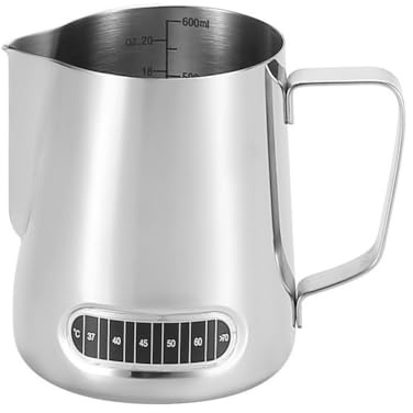 NiuLumea Jarra de leche de acero inoxidable con indicador de temperatura, boquilla de precisión y marcas de medición para 350 ml y 600 ml, para herramientas de barista