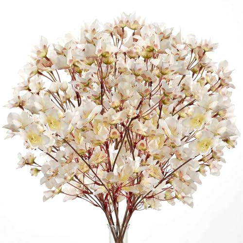 HIVTE 6 Piezas de Flores de Cerezo Artificiales, Ramas de Flores de Seda de 33 cm, Decoración Realista para Jarrones, Salón y Bodas, Blanco