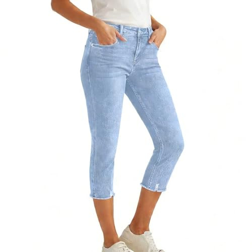 Générique Pantalon Corsaire Femme Jean Stretch 3/4 Confort Capri Jeans 7/8 Taille Haute Elastique Coupe Mom Corsaire Femme Été Jean Jeggings en Denim Décontracté Capri Pants