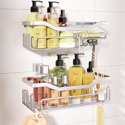 HapiRm Duschablage Duschkorb Ohne Dohren für Badezimmer und Küche Badezimmer Organizer mit 11 Haken Seifenschale Rasiererhalter Shampoo Halterung für Dusche Badregal SUS304, 3 Selbstklebend