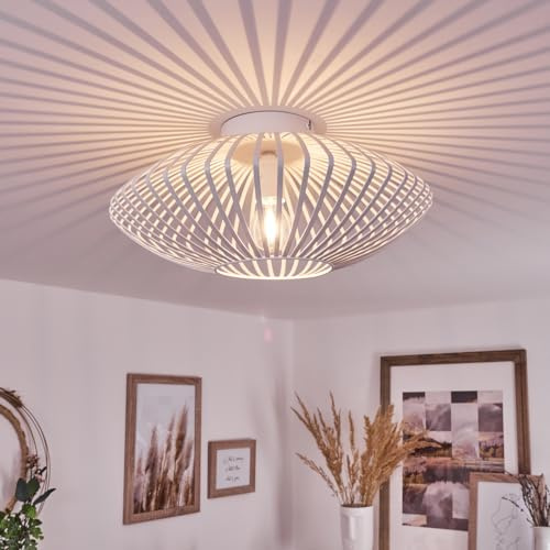 HOFSTEIN Deckenleuchte Wemude, runde Deckenlampe aus Metall in Weiß - 1-flammige E27-Fassung, spannender Lichteffekt Gitter-Optik, Retro-Leuchte für Esszimmer, Küche, Schlafzimmer, Durchmesser: 40 cm