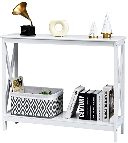 LIFEZEAL 2 nivåers konsolbord, träentrédörbord, långsidobord, soffavslutning, med X-stänger, för vardagsrum, sovrum, modern designentré, 100 x 30 x 80 cm (vit)