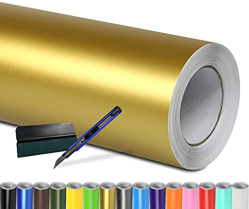 Folindo Autofolie Gold Matt (23€/m²) - 50 x 152 cm – Selbstklebende Auto Lackschutzfolie mit Luftkanal Technik – Blasenfreie Auto Folierung inkl. Rakel & Cutter – Car Wrapping Folie