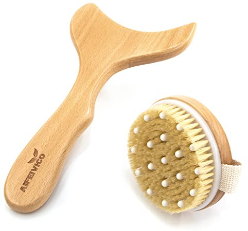 AIFEIVICO Lymphatic Drainage Paddle & Dry Brushing Body Brush, Wood Body Gua Sha Tool with Dry Skin Brush, Lymphatic Massage Paddle for Anti Cellulite - Body Shaping Contouring Sculpting