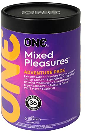 ONE Condoms Mixed Pleasures | Variety of Thin, Glow in The Dark, Studded, and More | 36 Pack