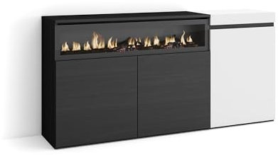 Skraut Home | Aparadores para salón | Gran Capacidad de almacenaje | 150x75x35cm | 3 Puertas | Chimenea eléctrica | Estilo Moderno | Blanco y Negro