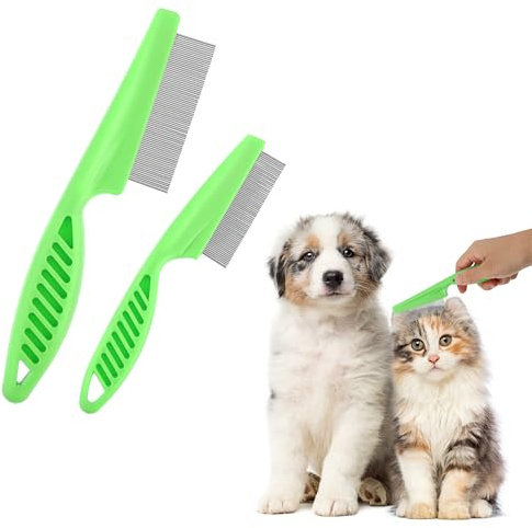 TIESOME Pettine per peli di animali domestici, rimozione macchie e lacrime, confezione da 2 pezzi, kit multifunzione 2 in 1 per toelettatura del cane, pettine massaggiante in acciaio inox, pettine a