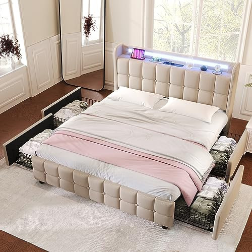 Dolamaní Polsterbett 180x200 cm mit Funktion Kopfteil und 4 Schubladen, Doppelbett 180x200cm, Stauraumbetten Bettgestell, Lattenrost aus Holz, Leinen (Beige Ohne Matratze)