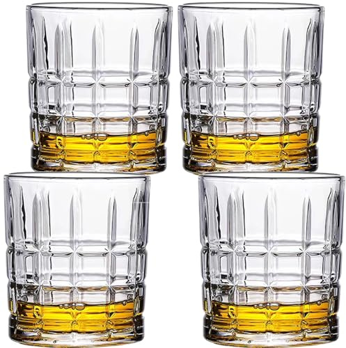 BEVKAF Lot de 4 Verres à Whisky en Cristal soufflé à la Main, sans Plomb, Parfaits pour Scotch, Bourbon, manhattans, Cocktail à l'ancienne, (Grille)