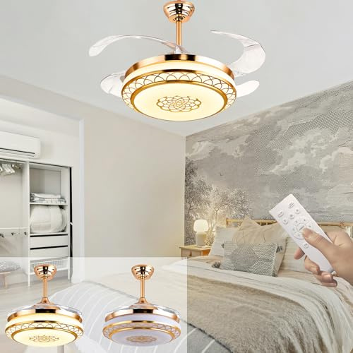 Caunmar Gold Ceiling Fan with Light and Remote, Ceiling Fans with Lamps 4 Retractable Blades Silent Timer 4H, Quiet Dimmable 6 Speed, Modern Fan Lights for Bedroom Living Room Study Winter/Summer