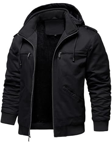 HOOD CREW Winterjacken für Herren Warme Fleecejacke Baumwolle Mantel mit Kapuze Übergangsjacke Militär Cargojacke mit Taschen