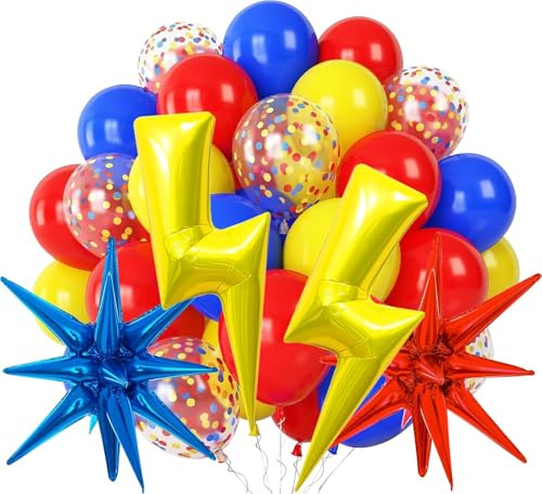 22 st röda gula blå ballonger set, med färgglada konfettiballonger, stjärnor, blixt och blått band, för barn fest med anime/födelsedag/baby shower dekoration