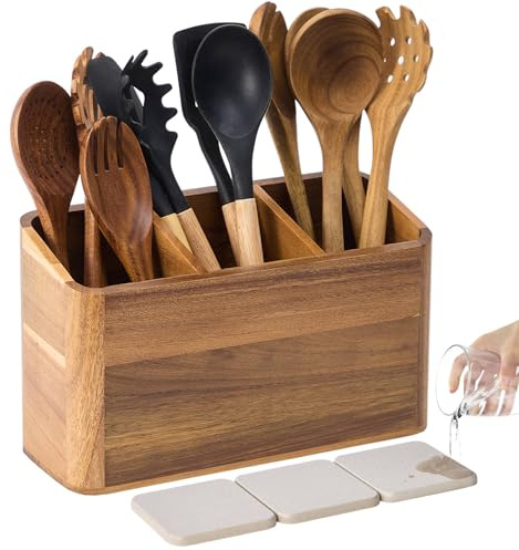 LOHONER Utensilienhalter aus Holz für Küchentheke, Akazienholz, Küchenutensilienhalter für Arbeitsplatte mit 4 Fächern, Kochutensilien-Organizer, Besteck-Caddy (Akazienholz, 3 Fächer)