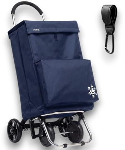 POPYS® Carro de la Compra de 50L + Gancho Multiusos de Regalo con Compartimento Refrigerante | Carrito Compra de 4 y 2 Ruedas Ideal para Supermercado (Requiere Montaje) (Azul Marino)