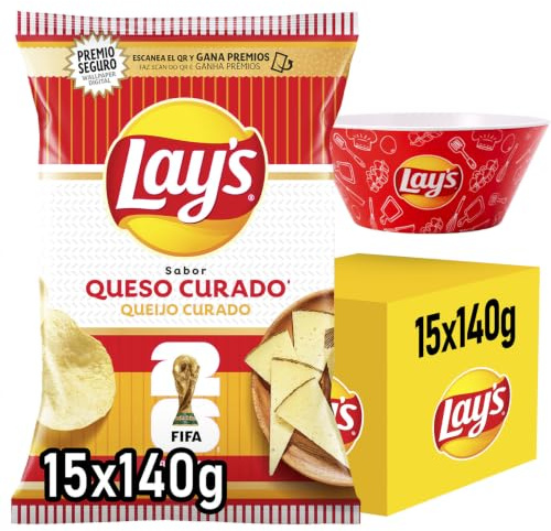 LAY’S Patatas Fritas Sabor Queso Curado para Aperitivo y Consumo Diario, Bolsas de 140 g, Pack de 15, Incluye Bowl de Regalo