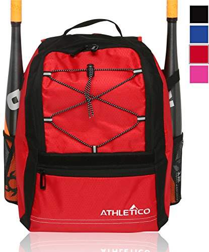 Athletico Youth Baseball Bag - Bat Backpack for Baseball, T-Ball & Softball Equipment & Gear | Holds Bat, Helmet, Glove | Fence Hook (Red)