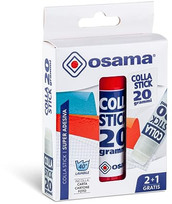 OSAMA - Colla Stick Extra Forte, 2 Pezzi + 1 Gratis, 20 gr - Set Colle Stick Ideale per Cancelleria Scuola, Ufficio e Università - Scorrevole su Carta, Cartoncino e Foto senza Grumi, Adatta ai Bambini
