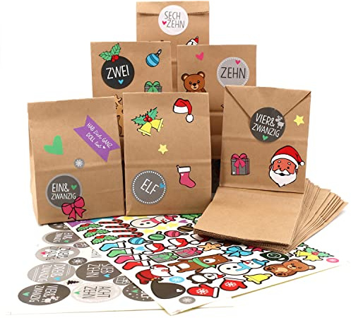 OWLBOOK® Adventskalender zum Befüllen | Adventskalender 2025 Tüten | Weihnachtskalender zum befüllen | 24 Papiertüten mit Aufkleber | Geschenktüten zu Weihnachten