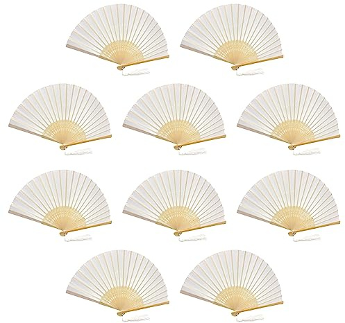 FANSOF.FANS Pack of 10 Chinese Folding Hand Fans – Silk Fabric Handheld Fan with Bamboo Ribs & Tassel, White Wedding Fans for Guests, Bridal Shower & Hen Party Favours, Paper Fan Style Wedding Props