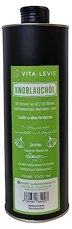 OHNE Konservierungsstoffe! Knoblauchöl 100% sortenreines Olivenöl aus der Koroneiki-Olive + Knoblauch aus deutschem Lande. 1000ml Weissblechdose.