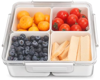 Divided Serving Tray with Lid, Removable Divided Platter Snack Box, Food Storage Charcuterie Containers with 4 Compartments for Christmas Party, Veggies, Snack, Fruit, Nuts, Candy, Cracker, Chip