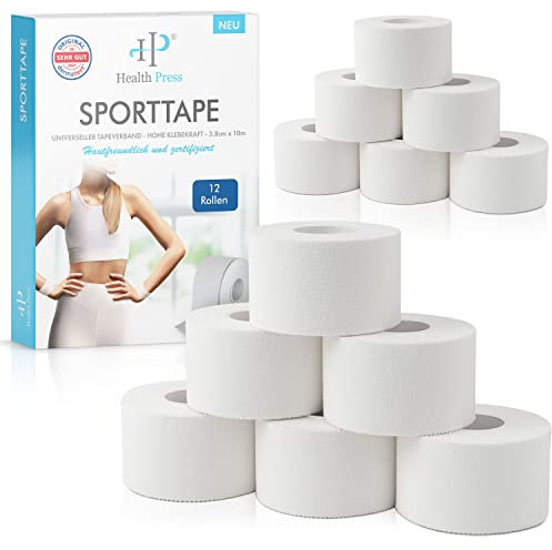 Health Press® Sporttape - 12 Tape Rollen (3,8cm x 10m) - Sporttape weiß - reißbares Profi Sport Tape - Sport Tapeverband für alle Sportarten