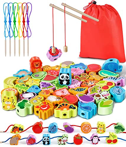 Jojoin Fädelspiel Montessori Spielzeug - Fädelspiel Angelspiel Spiele ab 3 Jahre - 54 Stück Holzspielzeug Magnetisches Angelspiel - Geschenk Mädchen Junge