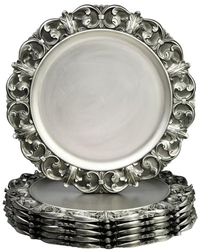 Leemxiiny 13 Antique Silver Charger Plates, Set of 6 Plastic Textured Chargers for Dinner Plates with Embossed Rim, Table Décor, Party, Wedding, Holiday