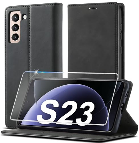 2023 Upgraded Handyhülle für Samsung Galaxy S23 Hülle Leder [Mit S23 Schutzfolie] für Samsung Galaxy S23 5G Hülle Klappbar Leder Flip Wallet Stoßfeste Case Schutzhülle Klapphülle für Samsung S23 Hülle