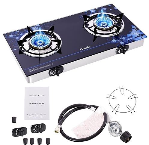 Hothit Gas Cooktop 2 Burner Outdoor Propane Stove, 28600 BTU, Portable Auto Ignition LPG Tempered Glass for camping, Courtyard Barbecue, RV Travel