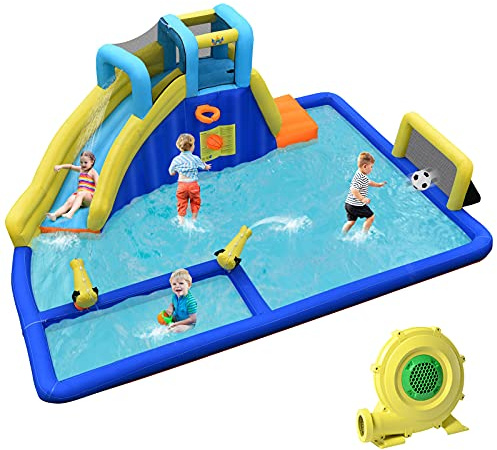COSTWAY Castillo Hinchable Acuática, Castillo Inflable 6 en 1 con Rociador de Agua y Tobogán, Parque Acuático Inflable y Duradero para Uso Seco y Mojado, Bolsa de Rransporte (con Soplador)