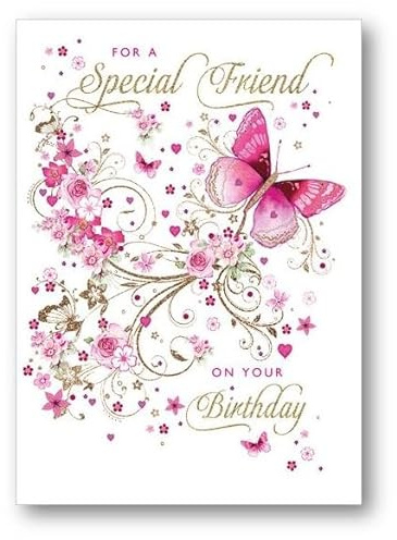 Nigel Quiney Special Friend Female Birthday Card - Pink Butterfly and Flowers - Eco-Friendly and Recyclable | Flowers, Eco-Friendly, Recyclable