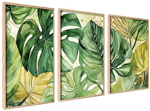 3er Set Poster 21x30cm Ohne Rahmen Wanddeko Wohnzimmer Ideal als Geschenk | Natur mit Palmblättern Monstera Blätter Wanddeko Set Stilvolle Pflanzen Bilder Grün Tropisch Wohnzimmer, Modernes Design