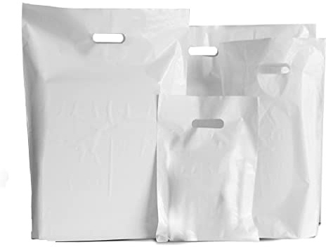 Venuscello® 100 x White Patch Handle Carrier Bags 15 x 18 x 3 Plastic Die Cut Handle Carrier Bag for Apparel Jewellery Gifts