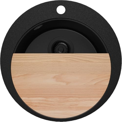 PRIMAGRAN Spülbecken ab 45er Unterschrank + Ablauf-Set, 50x50cm | Set: Ablauf-Set (Siphon, Ablaufgarnitur, Überlauf) + Schneidebrett + Granitspüle 1 Becken - Piza Top, Alles Schwarz