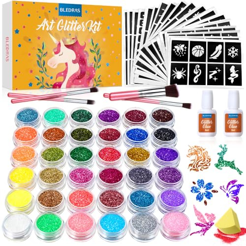 Bledras Glitzer Tattoo Set Kinder, 36 Farben Glitzertattoos für Mädchen | 178 Schablonen, 4 Pinsel, 2 Kleber, Geschenke für Kinder im Alter von 3 bis 12 Jahren, Wunderschön Verpackt