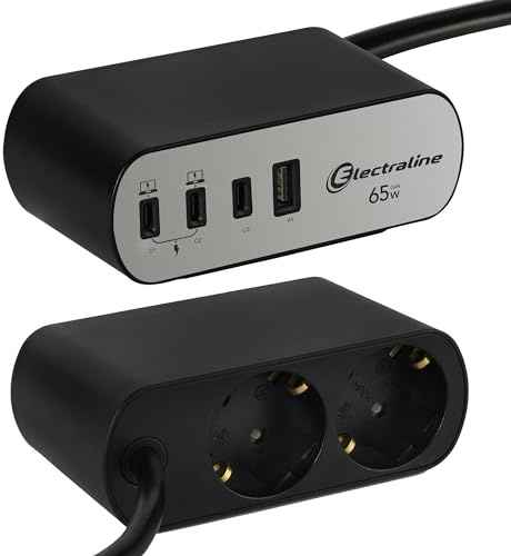 Electraline 62584 Steckdosenleiste für den Schreibtisch Electradock 2-Fach Schuko + 4 USB (1 USB A + 3 USB C PD65W) Kabel 2 m, Mehrfachsteckdose/Tischsteckdose Steckerleiste