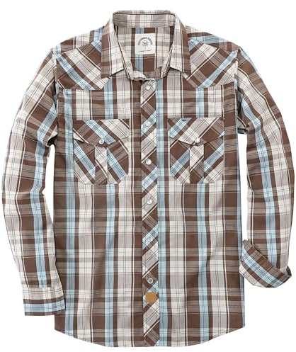 Dubinik Pearl Snap Western Shirts - Long Sleeve Casual Plaid Shirts - Blue & Brown