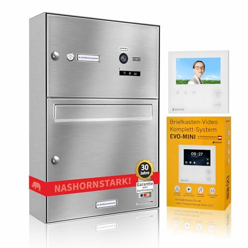 AL Briefkastensysteme Edelstahl Briefkasten mit Videosprechanlage 1 Familienhaus Komplettsystem Balter EVO MINI - Briefkasten Edelstahl V2A RAL 9007 Aufputz Wandmontage Klingel mit Kamera und Monitor