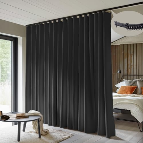 MaKefeile Room Divider Curtains with Flexible Ceiling Curtain Tracks Set,100% Blackout Floor to Ceiling Curtains Patio Sliding Door Curtains (Black Drape & Black Rail W 8.3 × H 8 FT)