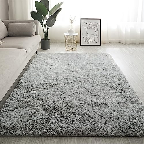 Swsen Teppich Wohnzimmer Super Weich - Shaggy Teppiche Flauschig Anti-Rutsch Unterseite - Moderner Carpet Waschbar Langflor Hochflor Teppiche 60x120cm, Silbergrau