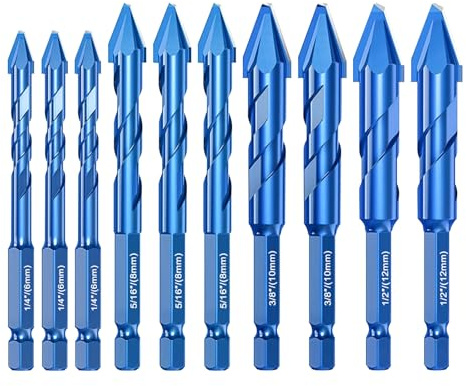 10 PCS Tile Drill Bits Set, Masonry Concrete Drill Bit 1/4 Hex Shank High Strength Tungsten Carbide Tip Tile Drill Bit Set for Porcelain Glass Brick Cement Wood (6/8/10/12mm,Blue)