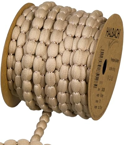 Halbach Pompom-Borte, 8 mm x 15 m, beige | Band mit Bommeln, waschbar, wetterfest und farbecht, als Pompon-Girlande für Hochzeiten und Gartenpartys